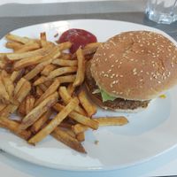 Vegan burger and fries at Boomtown Fusion Eatery in Smiths Falls