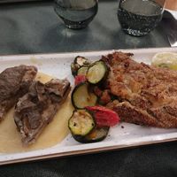 Eggplant cotoletta, zucchini, Portobello mushrooms with polenta at Pan GhEA in Milan