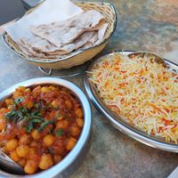 Channa masala, tandori roti and pilau rice at The Great India  in Malaga