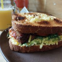Falafel sandwich with vegan cheese and a fresh smoothie in the background at Brand Sixteen Eateries in Brighton