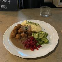 Vegan meatballs, mash, pickled cucumber and preserved lingon  at Meatballs For The People in Stockholm
