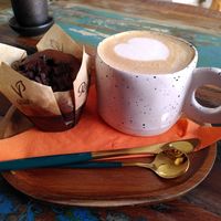 Latte and muffin (May 2025) at Angola Art Café - Caffi Celf Angola in Aberystwyth
