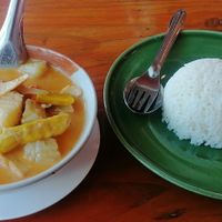 Massaman Curry w white rice, 85 baht. Sooo yummy, my favourite dish in Pai! Big Portion as well at Charlie and Lek Health Restaurant in Pai