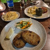 Schnitzel and fries plus the stuffed peppers with Greek potatoes at Konstantin Restaurant Cafe in Rhodes