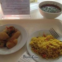 Basmati rice with saffron, potatoes & green beans, and the BEST vegetable soup I've ever had in my life. at Ayurveda Cafe in Kyiv