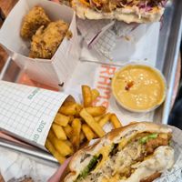 Vegan chicken burgers, chips, cauliflower and vegan sauce at 300 Grams in Richmond