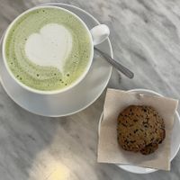 Matcha latte & sesame cookie  at Cafè Riutort in Mallorca