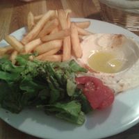 Hummus with salad and fries at Al-saj in Rennes