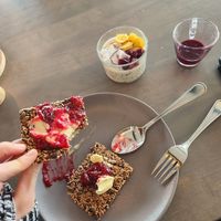 Vegan seed bread (so good), vegan butter, vegan yogurt parfait! The parfait was clearly marked! at Camp Ripan in Kiruna