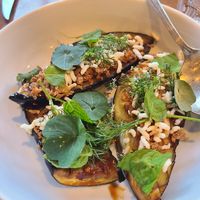 Eggplant with crispy garlic and rice at Portage in St Johns