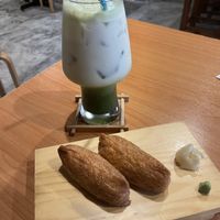 matcha latte and inari sushii  at Veg Japan ベジジャパン in Bangkok