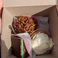 Pecan cinnamon roll, cinnamon roll with cream cheese frosting and mint thin brownie at Petunia's Pies and Pastries in Portland