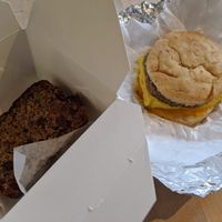 Chocolate Chip Banana Bread; Sausage, Egg & Cheese Breakfast Sandwich at Petunia's Pies and Pastries in Portland