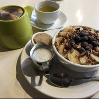 Oatmeal breakfast + Genmaicha tea at Petunia's Pies and Pastries in Portland