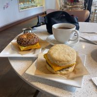 Savory tofu egg and cheese breakfast bagel and biscuit  at Petunia's Pies and Pastries in Portland