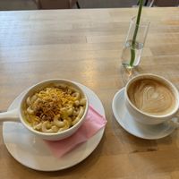 Mac n Cheese & Latte  at Petunia's Pies and Pastries in Portland