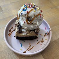A brownie a la mode sold as a “sundae”… deliciously misleading.  at Petunia's Pies and Pastries in Portland