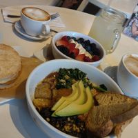 Breakfast biscuit and bowl at Petunia's Pies and Pastries in Portland
