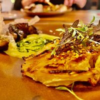 Grilled Miso Shiitake: Chinese Cabbage - Kumquat - Peanuts - Rice crisper - Coriander sauce at Heritage in Ghent