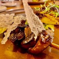 Grilled Miso Shiitake: Chinese Cabbage - Kumquat - Peanuts - Rice crisper - Coriander sauce at Heritage in Ghent