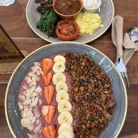 Red smoothie bowl and frittata   at The Veg Box Cafe - London in North West London