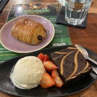 Au Pain Chocolate and Peanut Butter Brownie w/ ice creamm  at The Veg Box Cafe - London in North West London