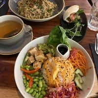The spread (vegan carbonara, mint tea, bao, sushi salad bowl)  at The Veg Box Cafe - London in North West London