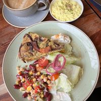 Frittata breakfast with side of tofu scramble and oat latte   at The Veg Box Cafe - London in North West London