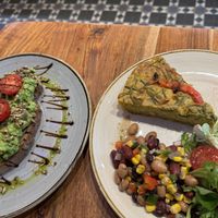Breakfast pea and avocado toast and quiche  at The Veg Box Cafe - London in North West London