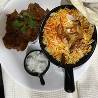 Soy mutton biryani. Fully vegan if the side dish is omitted .  at Nirmalya in Tiruchirappalli