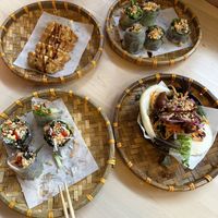 Vegetable dumplings, tofu “duck” summer rolls, tofu “duck” bao sándwich   at Chao in Kolding