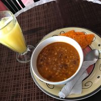 Vegan lentil soup and orange juice at Cafe Kitsch in Panajachel