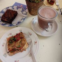 Cheesecake Brownie left, glutenfree foccacia, and the hot chocolate at C+ Bakery in Berlin