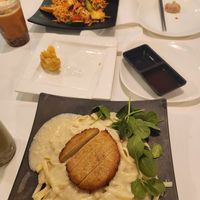 Chicken fettuccine alfredo and ramen noodles (ft. one rangoon left) at VeGreen Noodle   in Buford