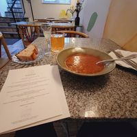 Tomato oyster mushroom fiaczki soup at Korzenie Kuchnia Roślinna  in Szczecin