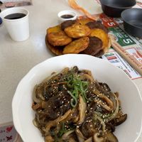 Fried tofu japchae and vegetable assorted pancakes   at Bibibim in Busan