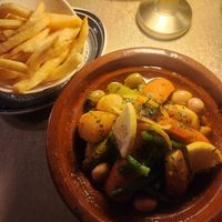 Tangine & Fries. Wine also available. 

They give complimentary bread, water & olives. at Dar Beida in El Jadida