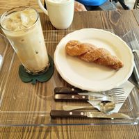 Vanilla latte and kinda twisted donut.   at Veganature - 비건네이처 in Seoul