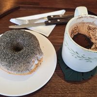 Black sesame donut and (partially drank) mocha at Veganature - 비건네이처 in Seoul