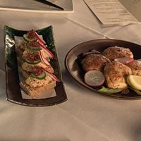 Stuffed Shiitake Mushrooms and Spicy "Tuna" on Crispy Rice (from the taste menu)  at Shojin - Culver City in Culver City