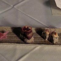 Purple Treasure 5.0 (tender eggplant on asparagus carrot roll), Shojin Dynamite Roll, pickled vegetables (from the taste menu)  at Shojin - Culver City in Culver City