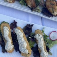 Stuffed shiitake mushrooms & crispy potato “fish"   at Shojin - Culver City in Culver City