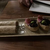 “Crab roll” and stuffed tofu skin with red caviar   at Shojin - Culver City in Culver City