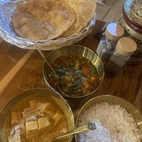 Tofu korma, Aloo Mutter, bhature and rice. A feast for two  at Ahaara Veda Indian in Koh Phangan