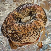Poppy seed bagel with vegan cream cheese at Bagels on the Square in New York City