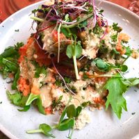 Stacked As (Summer Edition) stuffed mushrooms and vegetable fritters at East St Cafe and Bar in Nelson