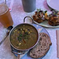 Hazy IPA, soup of the day (curried potato, spinach and black bean) and vege fritters   at East St Cafe and Bar in Nelson