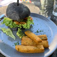 Burger with side of garbanzo fingers at East St Cafe and Bar in Nelson