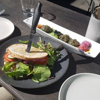Stuffed mushrooms and seitan sausage sandwich at East St Cafe and Bar in Nelson