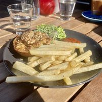 Satay pie of the day and fries at East St Cafe and Bar in Nelson
